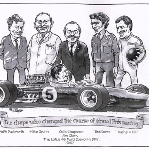 Caricature en 1967 des créateurs du moteur Cosworth : Keith Duckworth et Mike Costin, Colin Chapman Bob Dance, Graham Hill et Jim Clark Caricature en 1967 des créateurs du moteur Cosworth : Keith Duckworth et Mike Costin, Colin Chapman Bob Dance, Graham Hill et Jim Clark