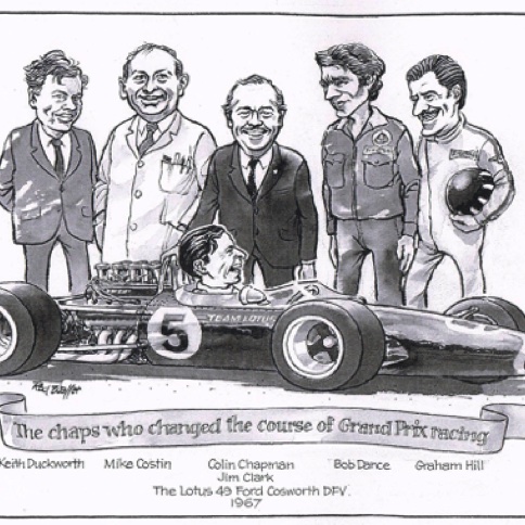 Caricature en 1967 des créateurs du moteur Cosworth : Keith Duckworth et Mike Costin, Colin Chapman Bob Dance, Graham Hill et Jim Clark